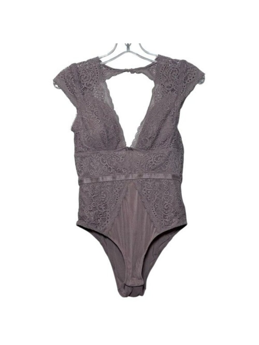 Sophie B Women's‎ S Lace Mesh Bodysuit Cap Sleeve Mauve 307427 V Neck Open Back